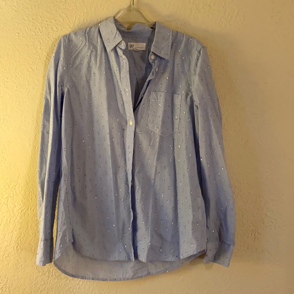Gap collared shirt blue pinstripe w tinsel detail